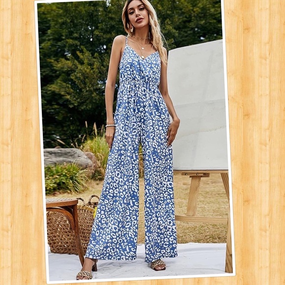 Blue Leopard Surplice Wide Leg Jumpsuit 